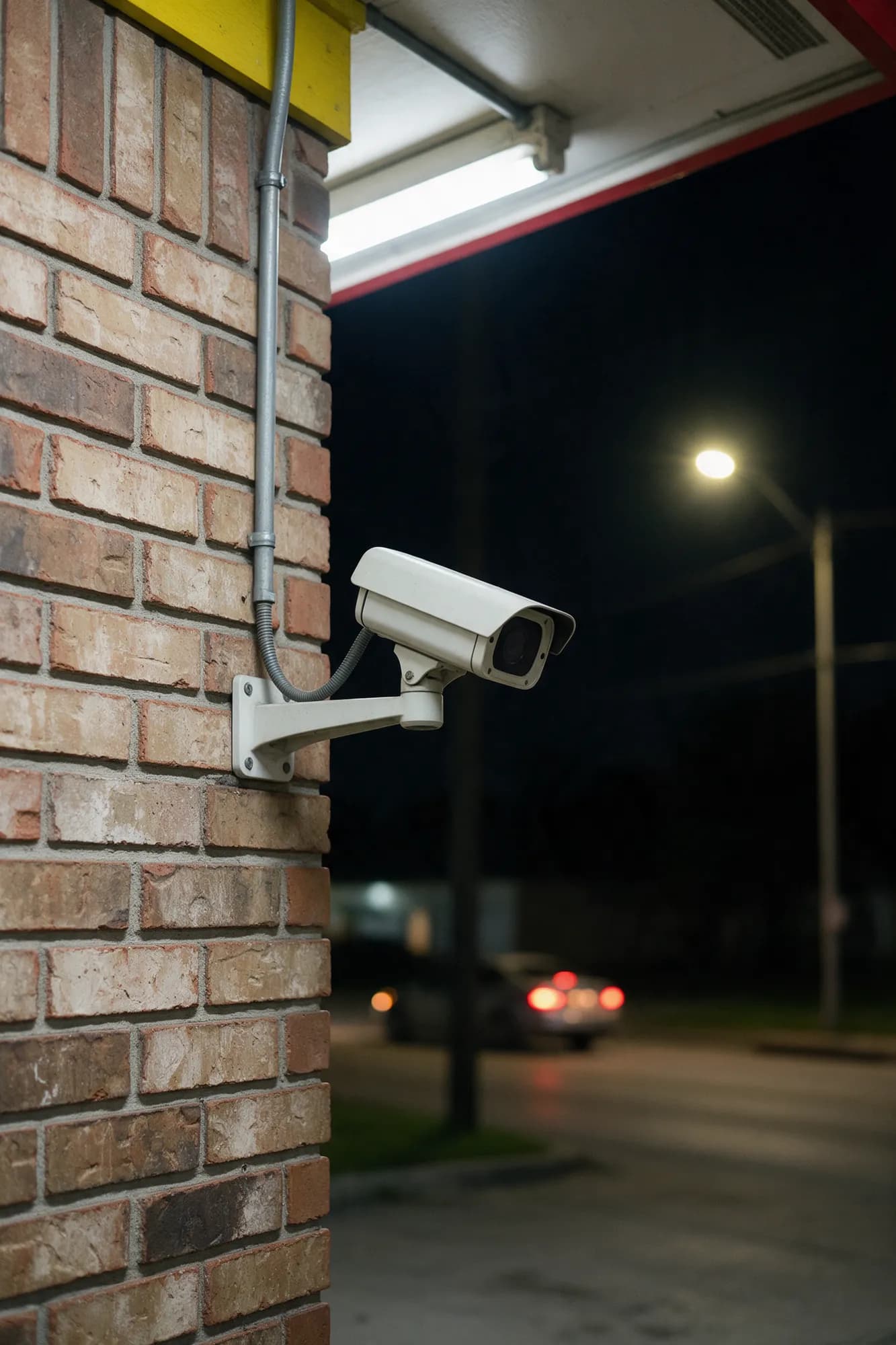 A security camera on a corner store wall pointed at the street at night