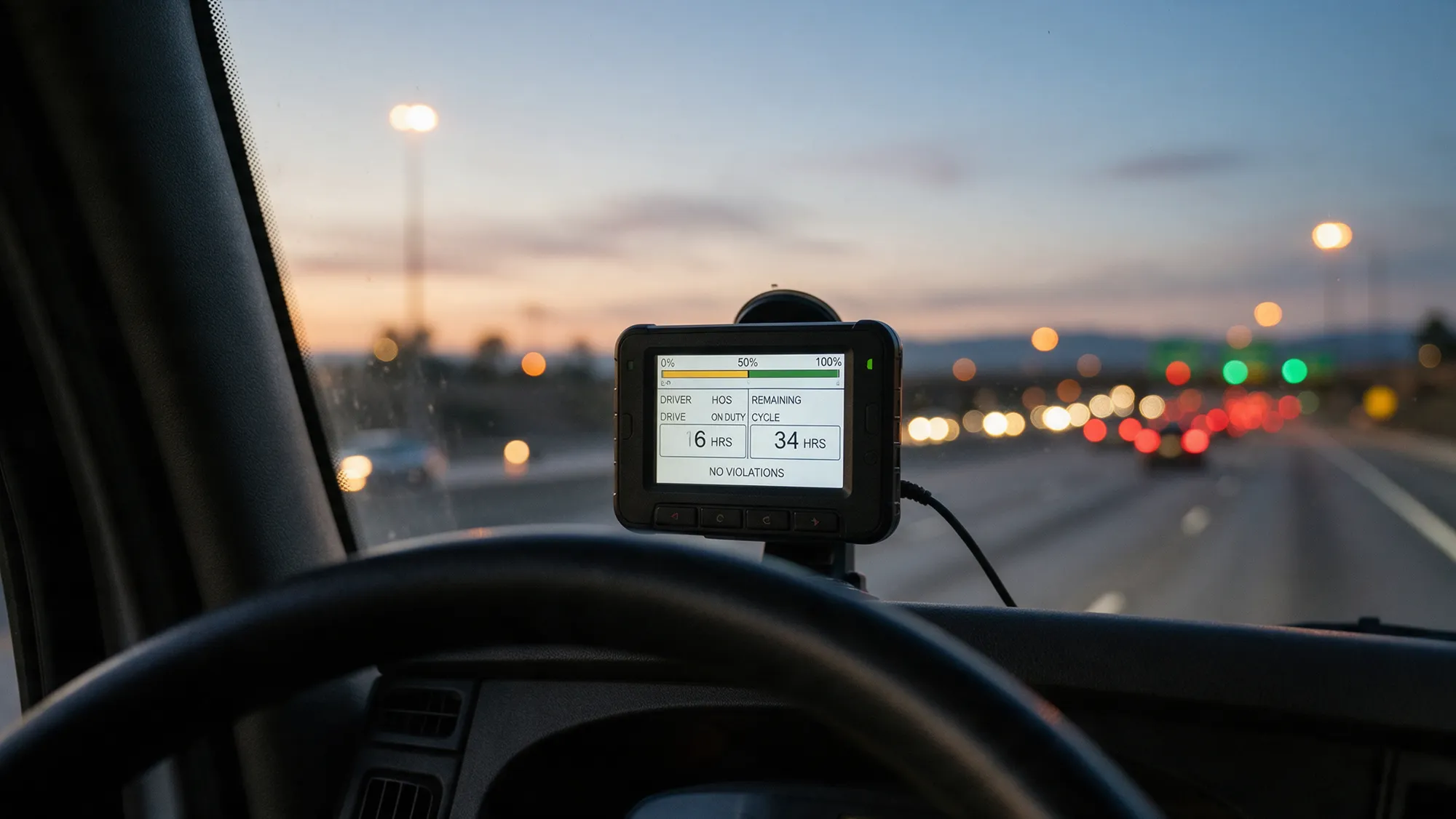 An electronic logging device on a truck dashboard showing a driver hours screen