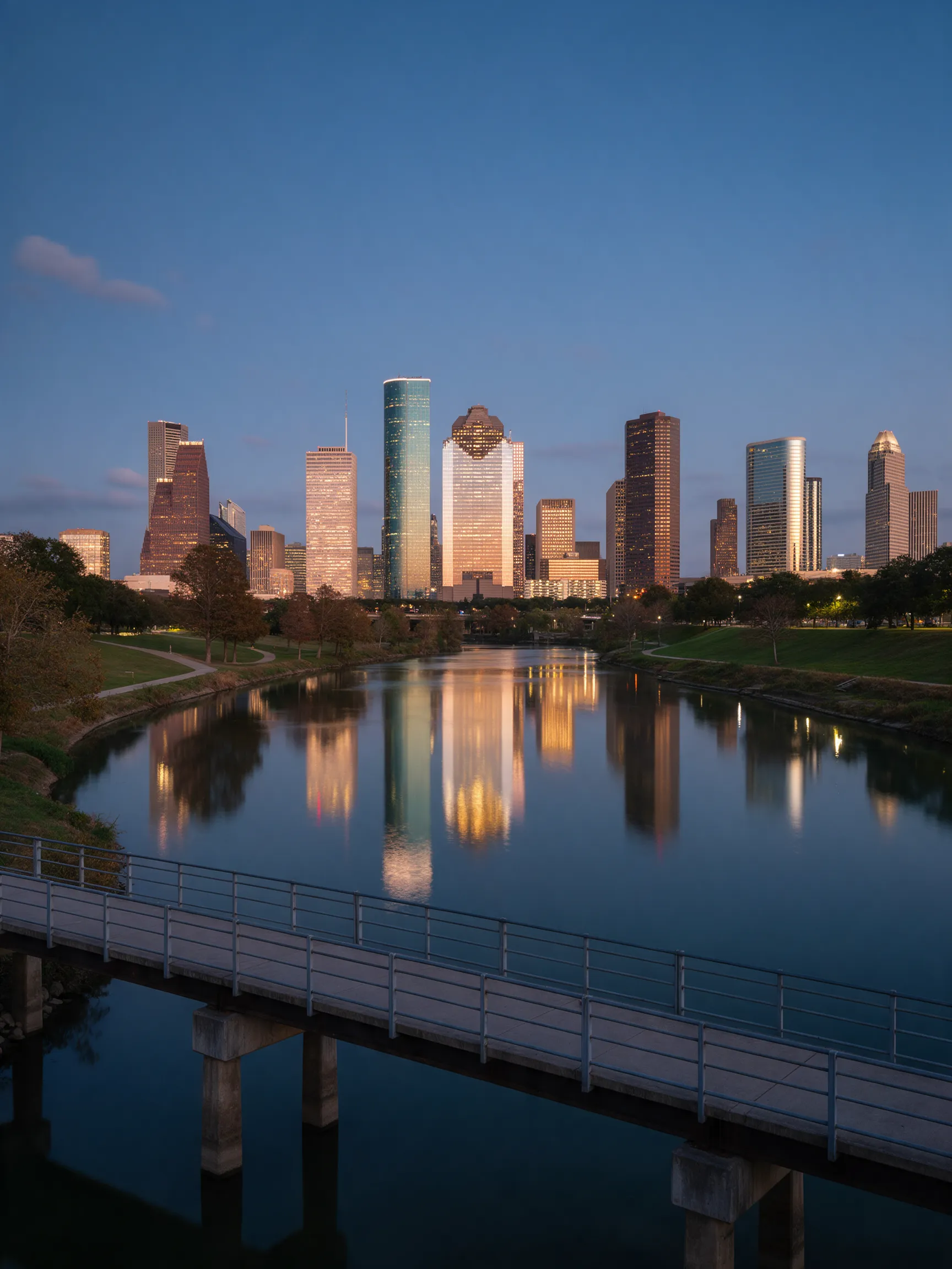 El centro de Houston al anochecer, visto desde Buffalo Bayou
