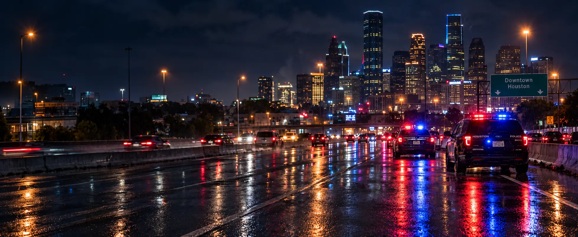 Autopista mojada de Houston de noche, con luces de policía detenidas cerca de un choque y el centro de la ciudad al fondo