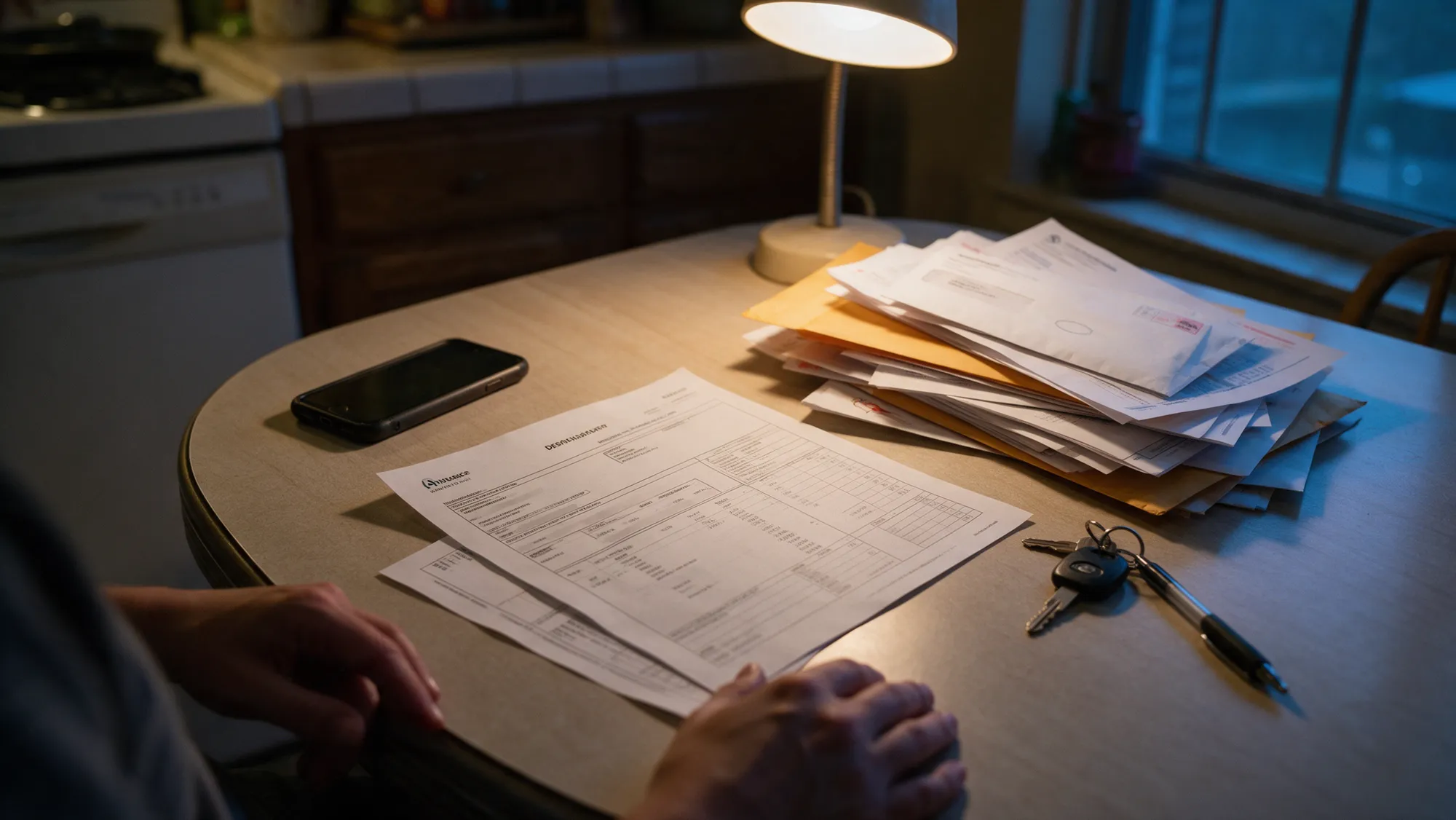 An auto insurance policy and a stack of medical bills on a kitchen table