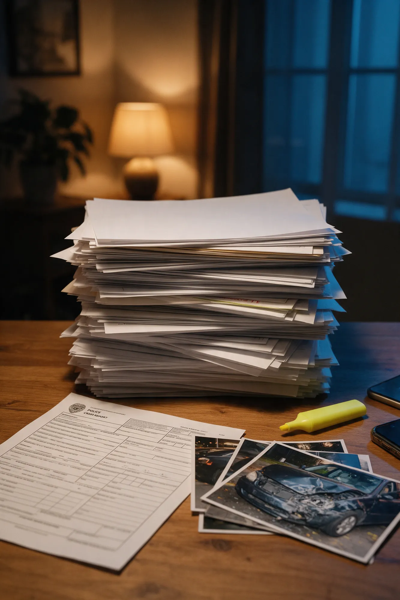 A printed crash report and scene photos on a table under a lamp