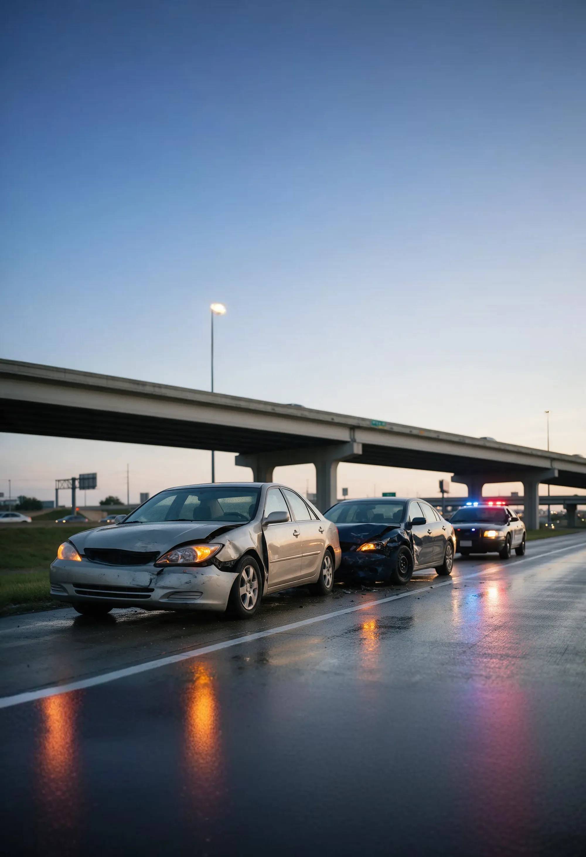 Two damaged cars on a Houston freeway shoulder at dusk with a police car behind them