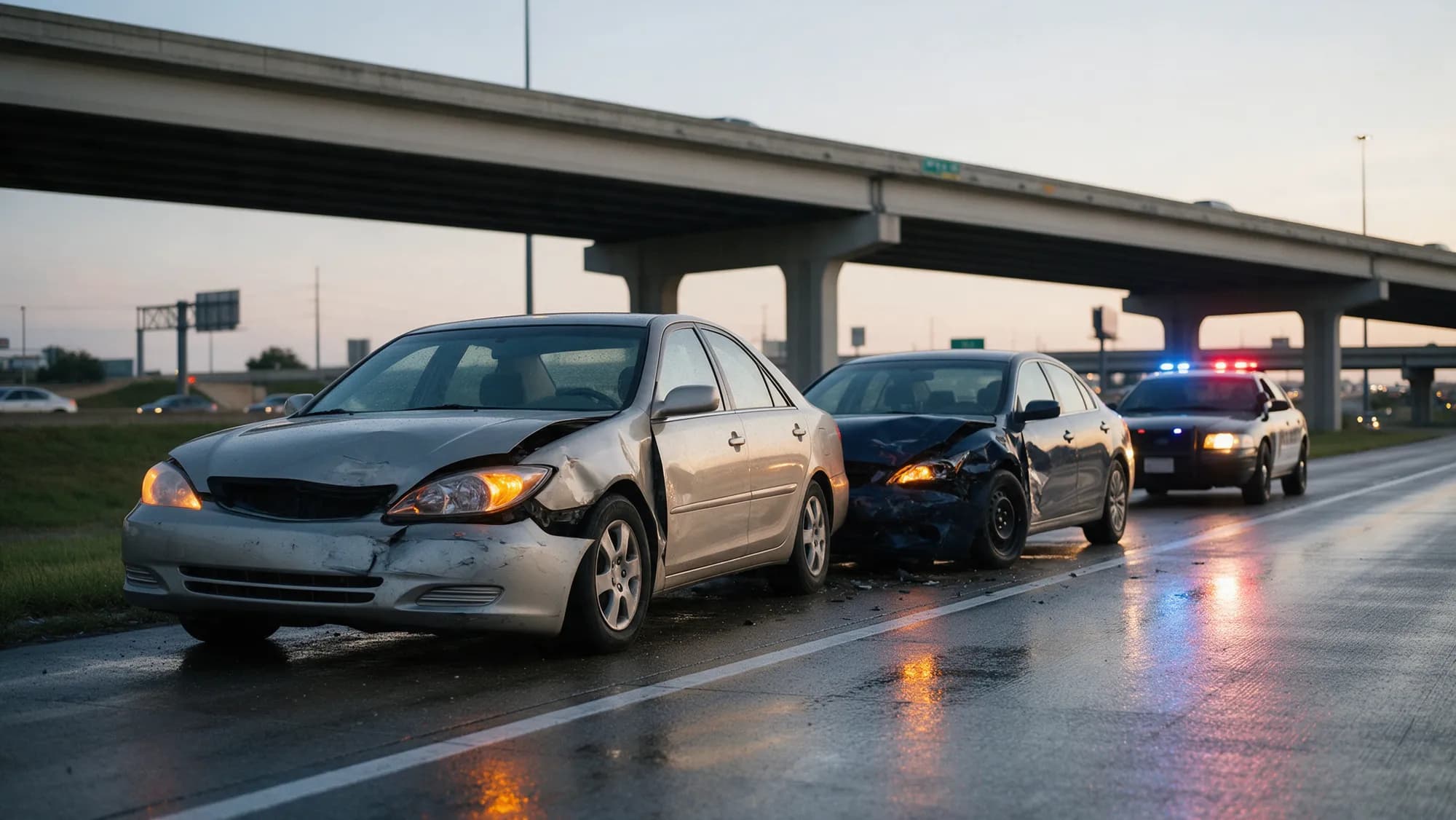 Two damaged cars on a Houston freeway shoulder at dusk with a police car behind them