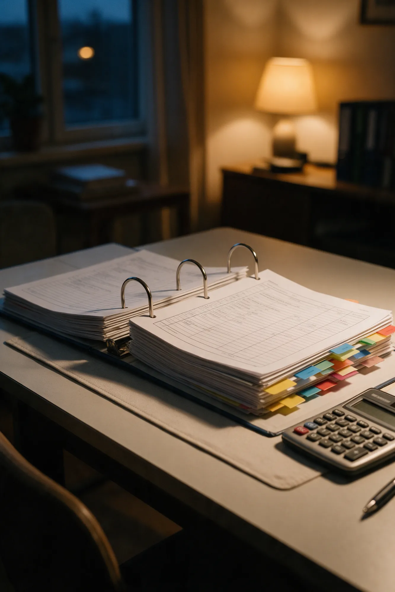 An open binder of tabbed medical records beside a calculator