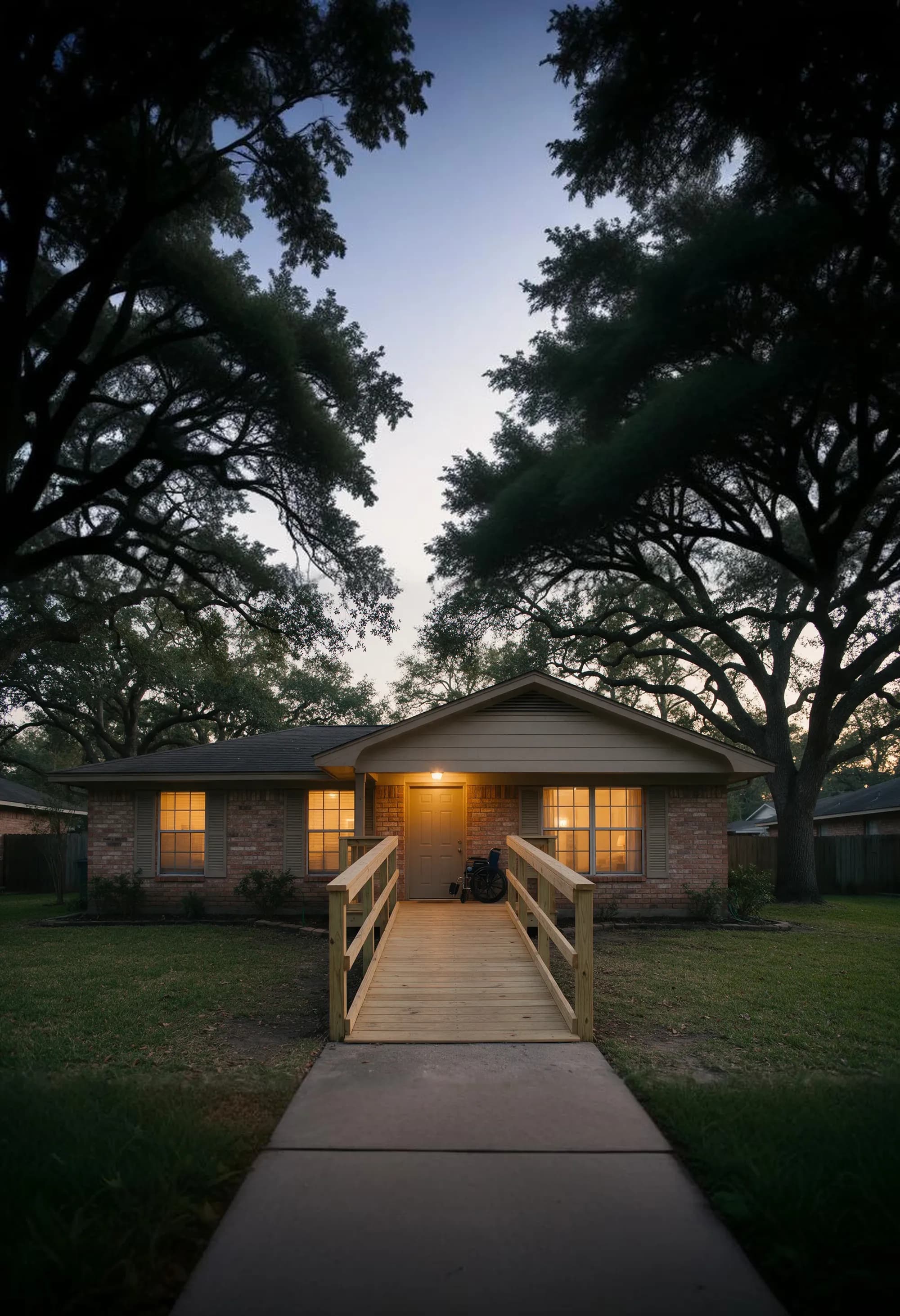 A new wheelchair ramp leading to the front door of a Houston brick home at dusk