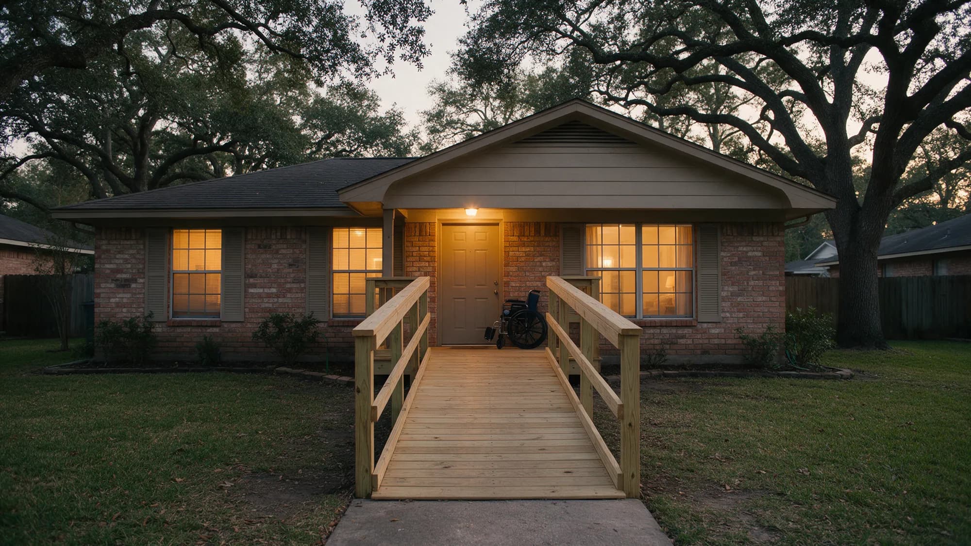 A new wheelchair ramp leading to the front door of a Houston brick home at dusk