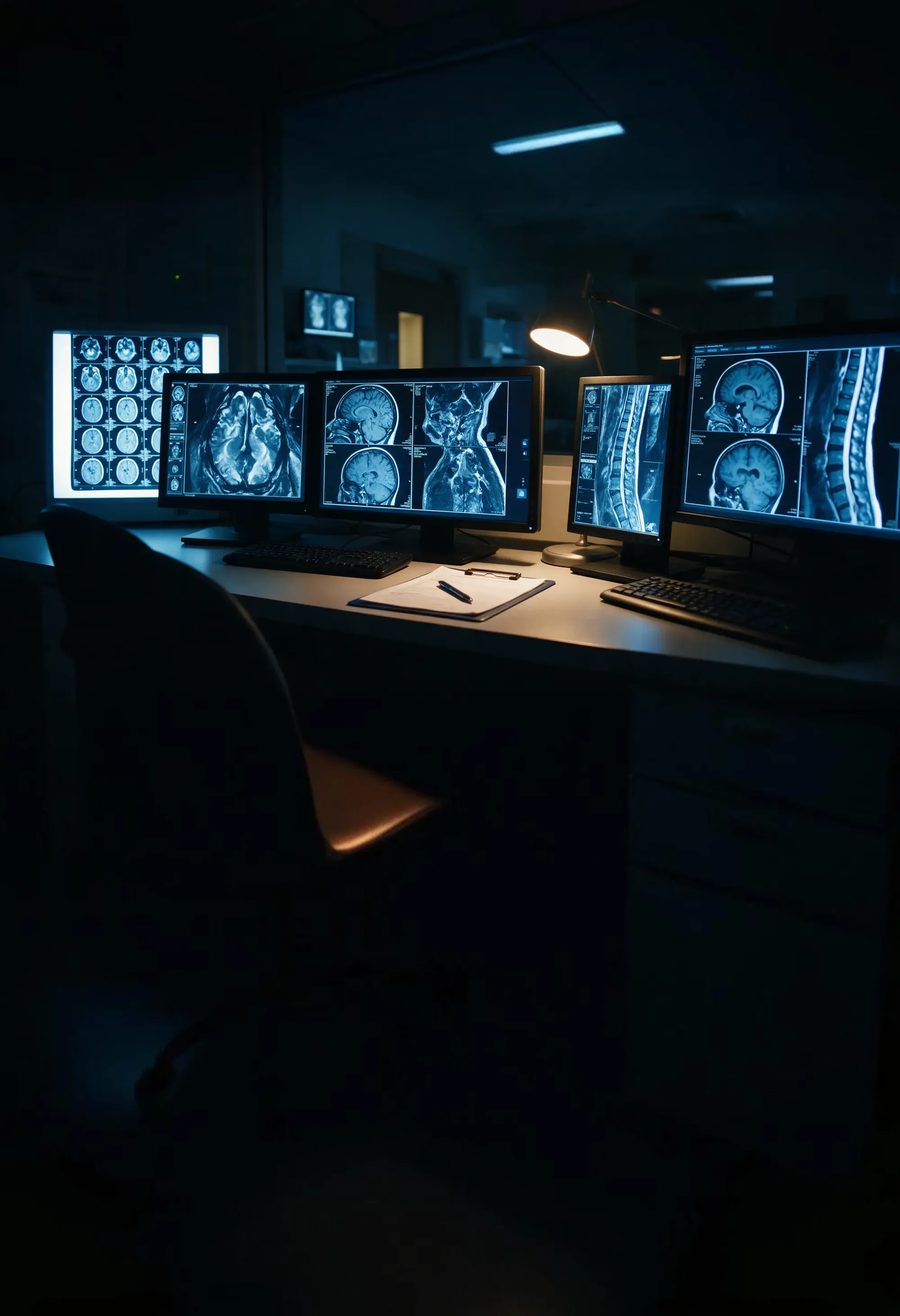 Brain and spine scans glowing on monitors in a dim hospital reading room