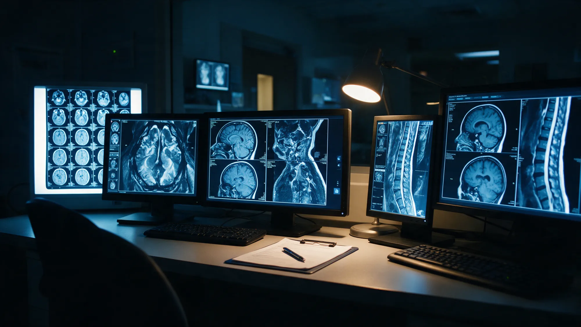 Brain and spine scans glowing on monitors in a dim hospital reading room