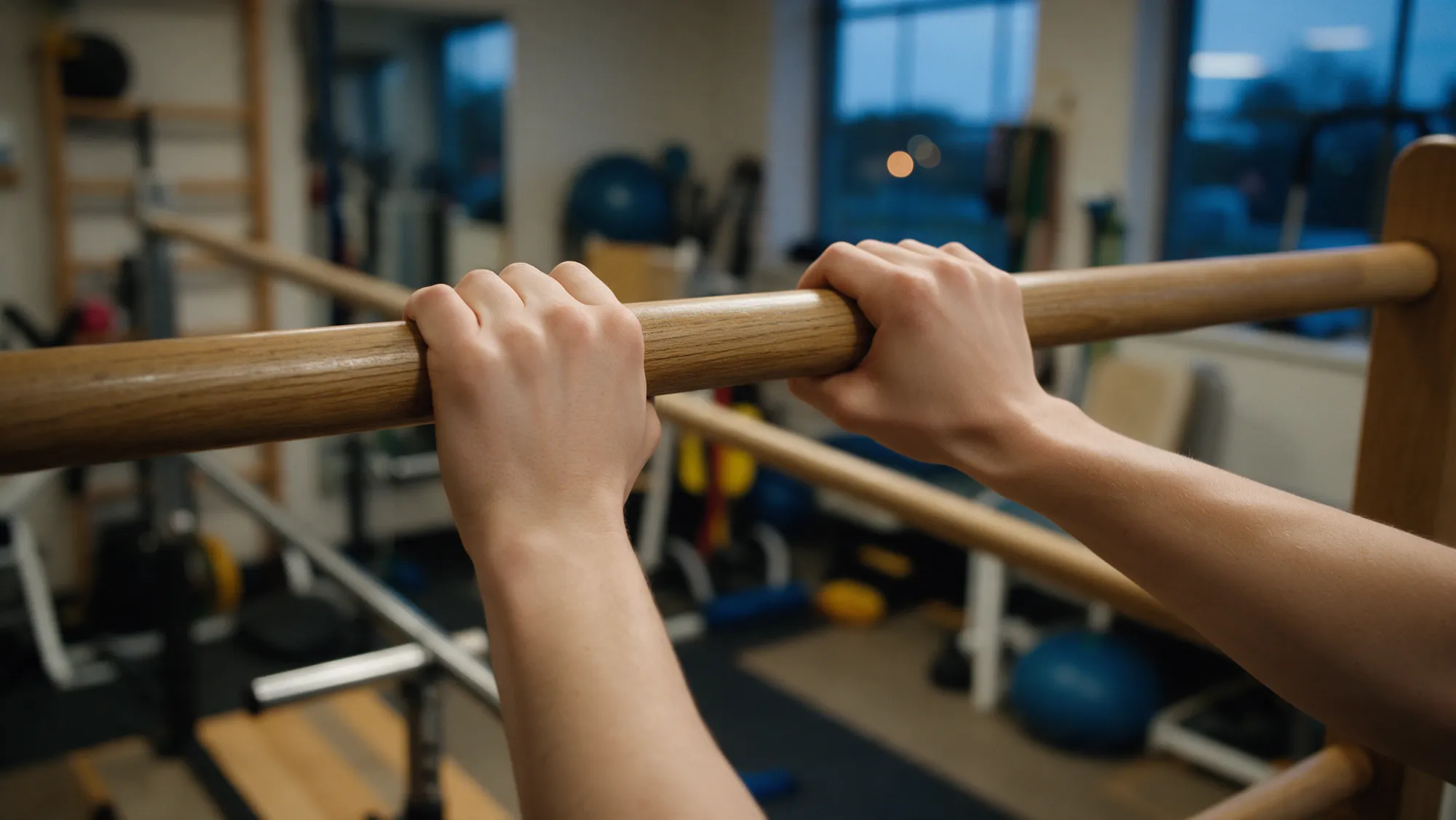 Two hands gripping wooden parallel bars in a physical therapy gym