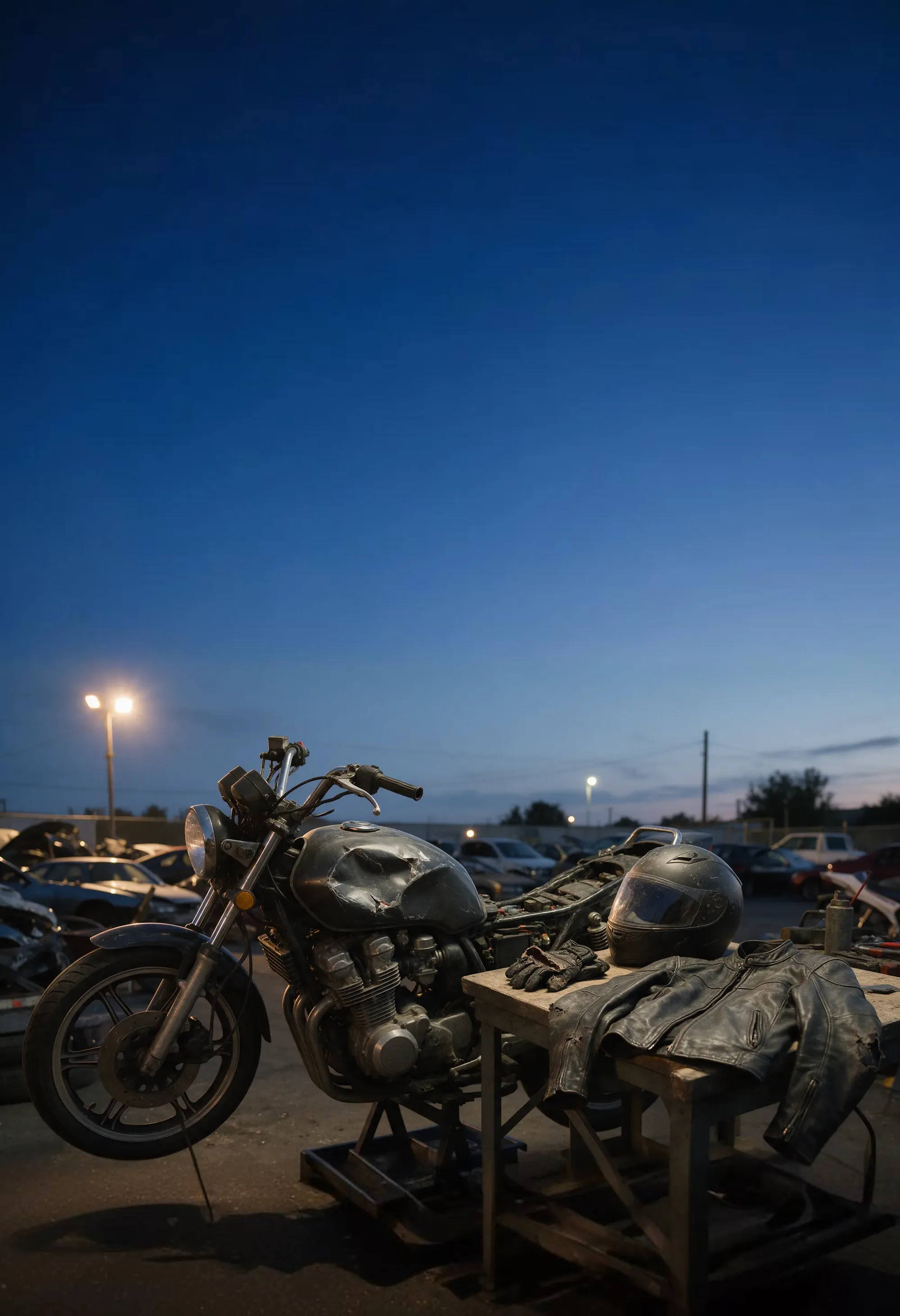 A damaged motorcycle in a tow yard beside a scuffed helmet, torn gloves and a worn leather jacket
