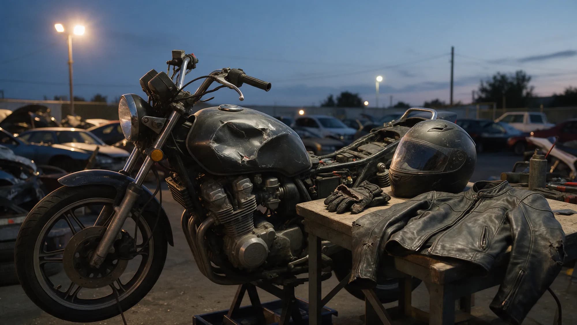 A damaged motorcycle in a tow yard beside a scuffed helmet, torn gloves and a worn leather jacket