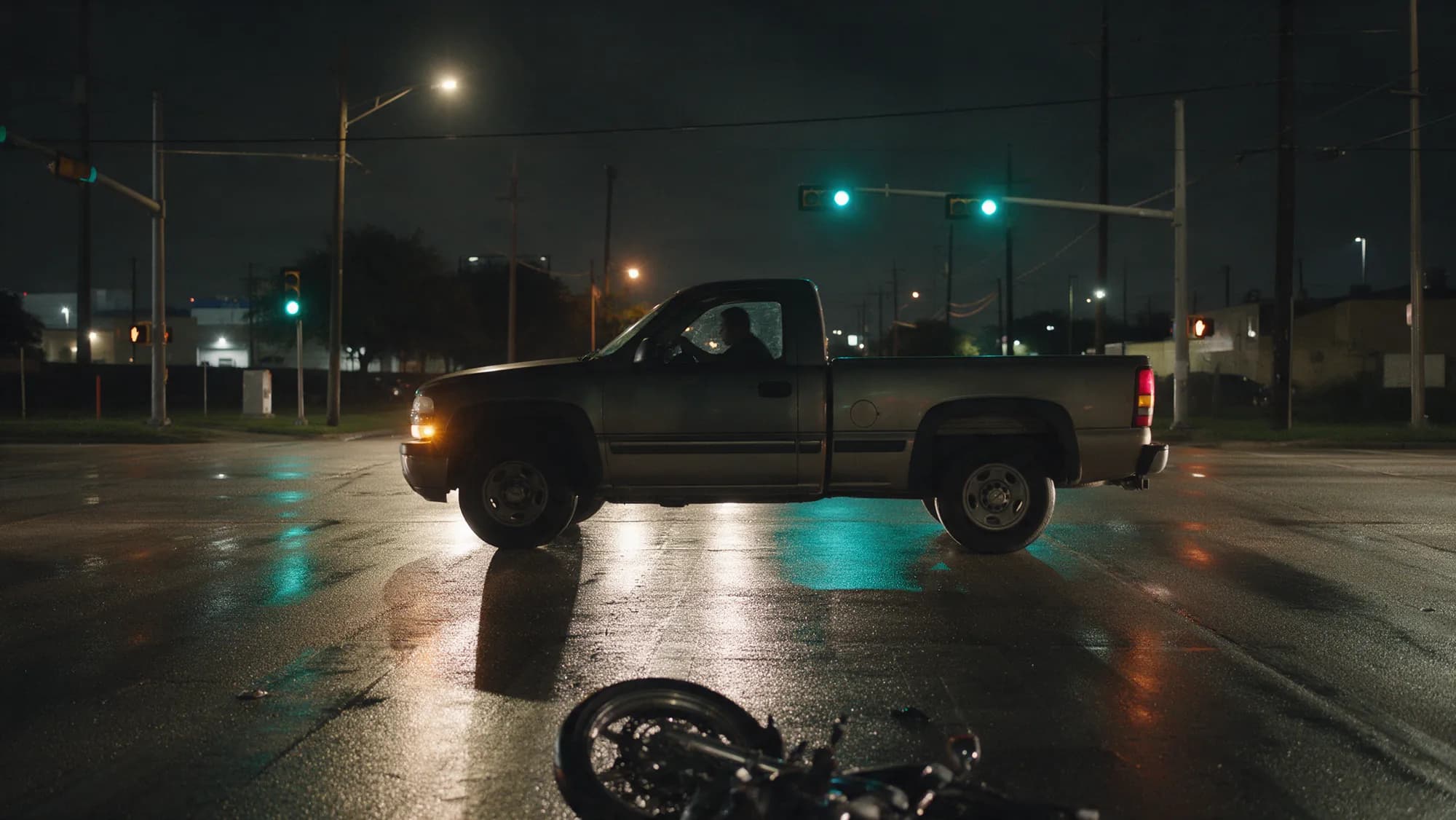 A pickup truck turning left across an intersection at night, a motorcycle wheel down on the wet road in front of it