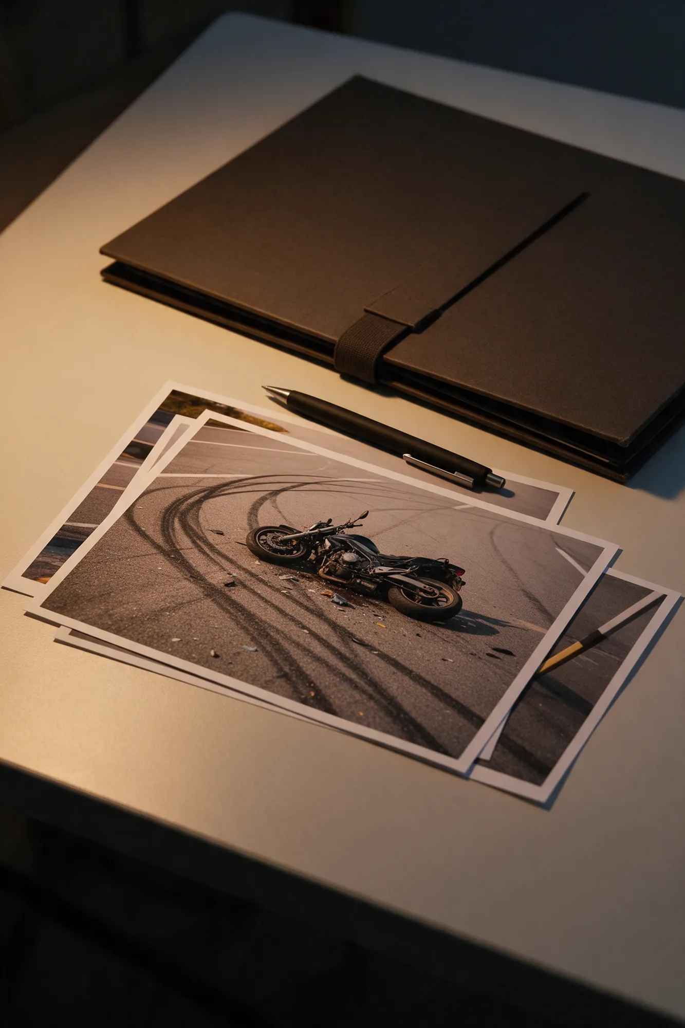 Printed photos of a crashed motorcycle and skid marks beside a folder