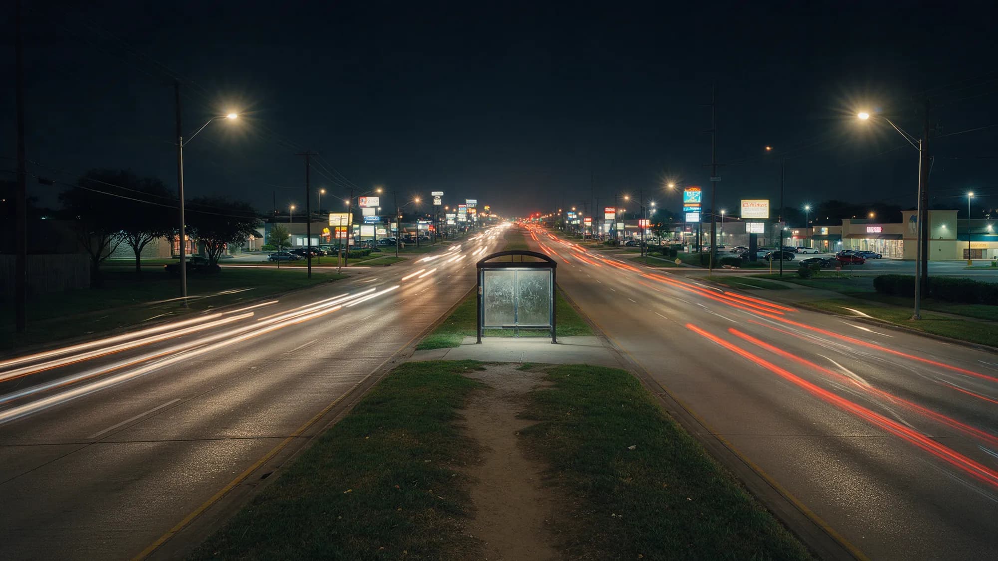 A wide Houston road at night with a lit bus stop and no crosswalk nearby