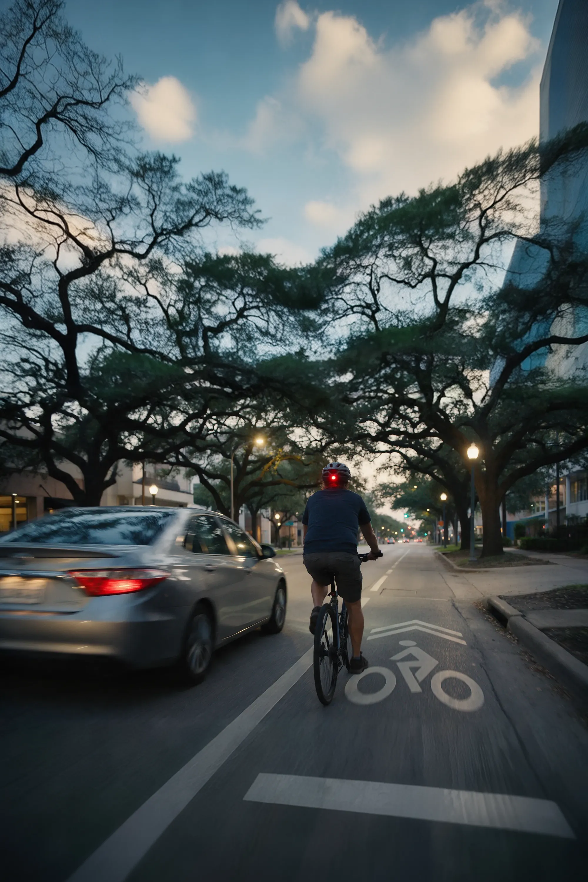 A cyclist seen from behind in a Houston bike lane at dusk while a car passes close beside