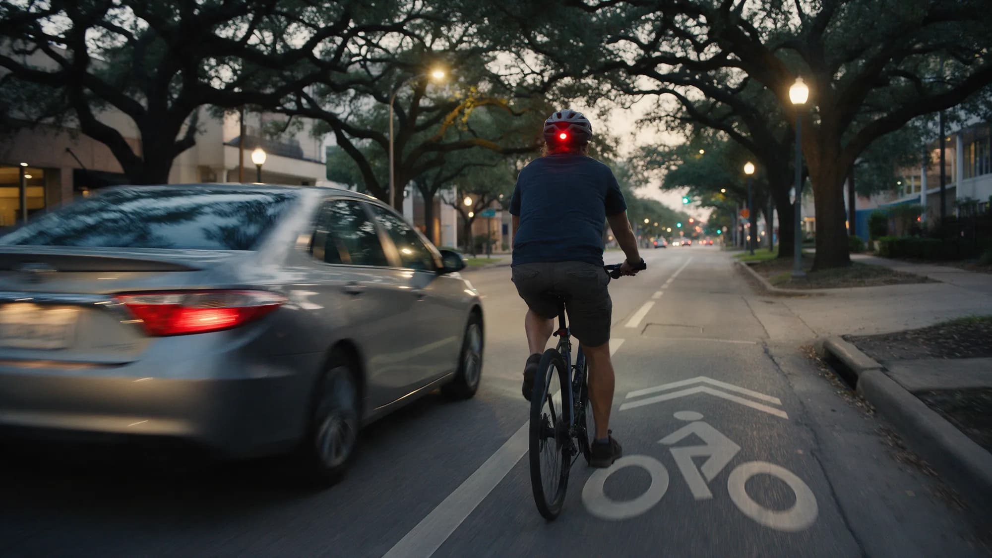 A cyclist seen from behind in a Houston bike lane at dusk while a car passes close beside