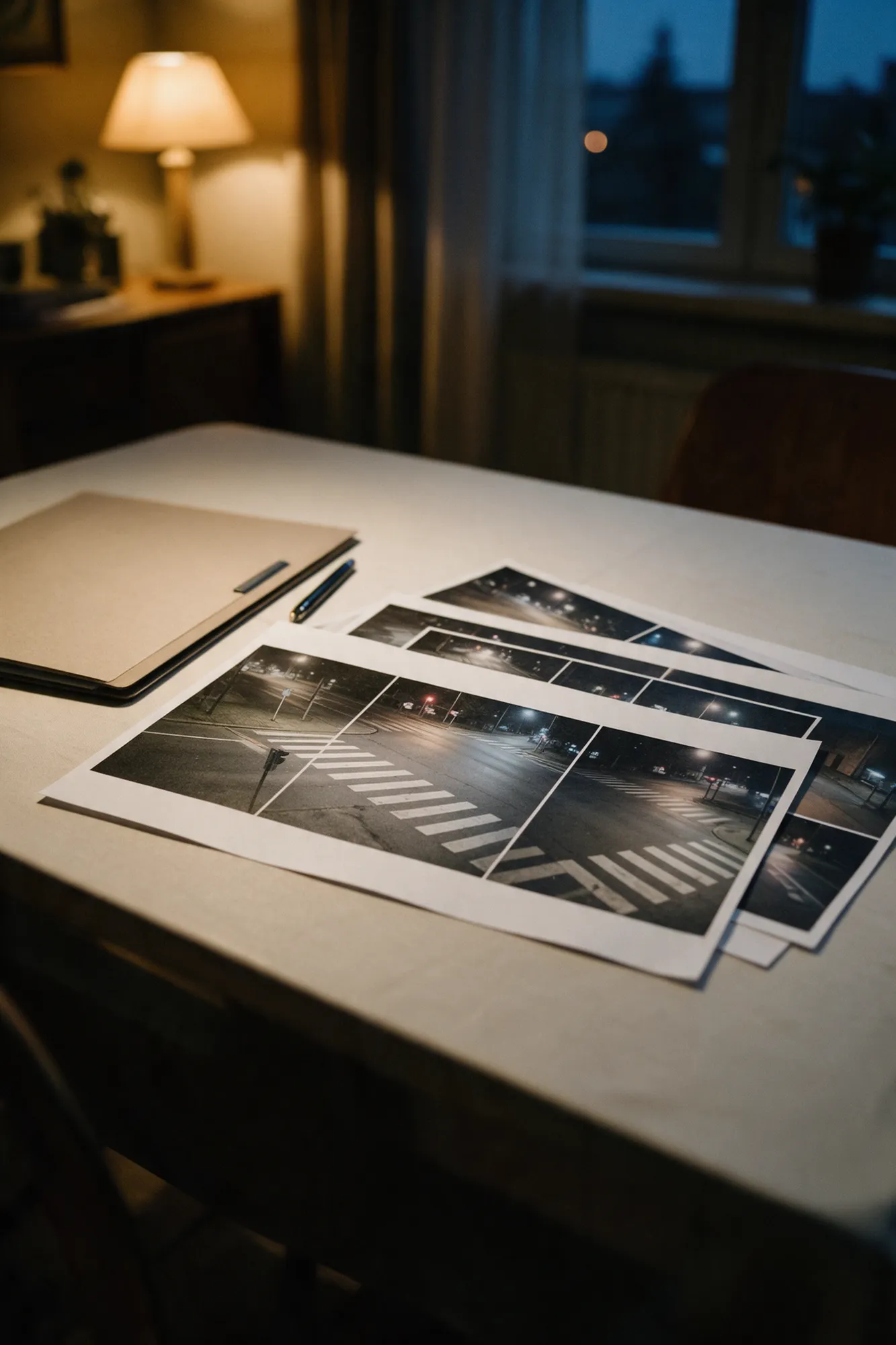 Printed security-camera stills of a crosswalk at night on a table