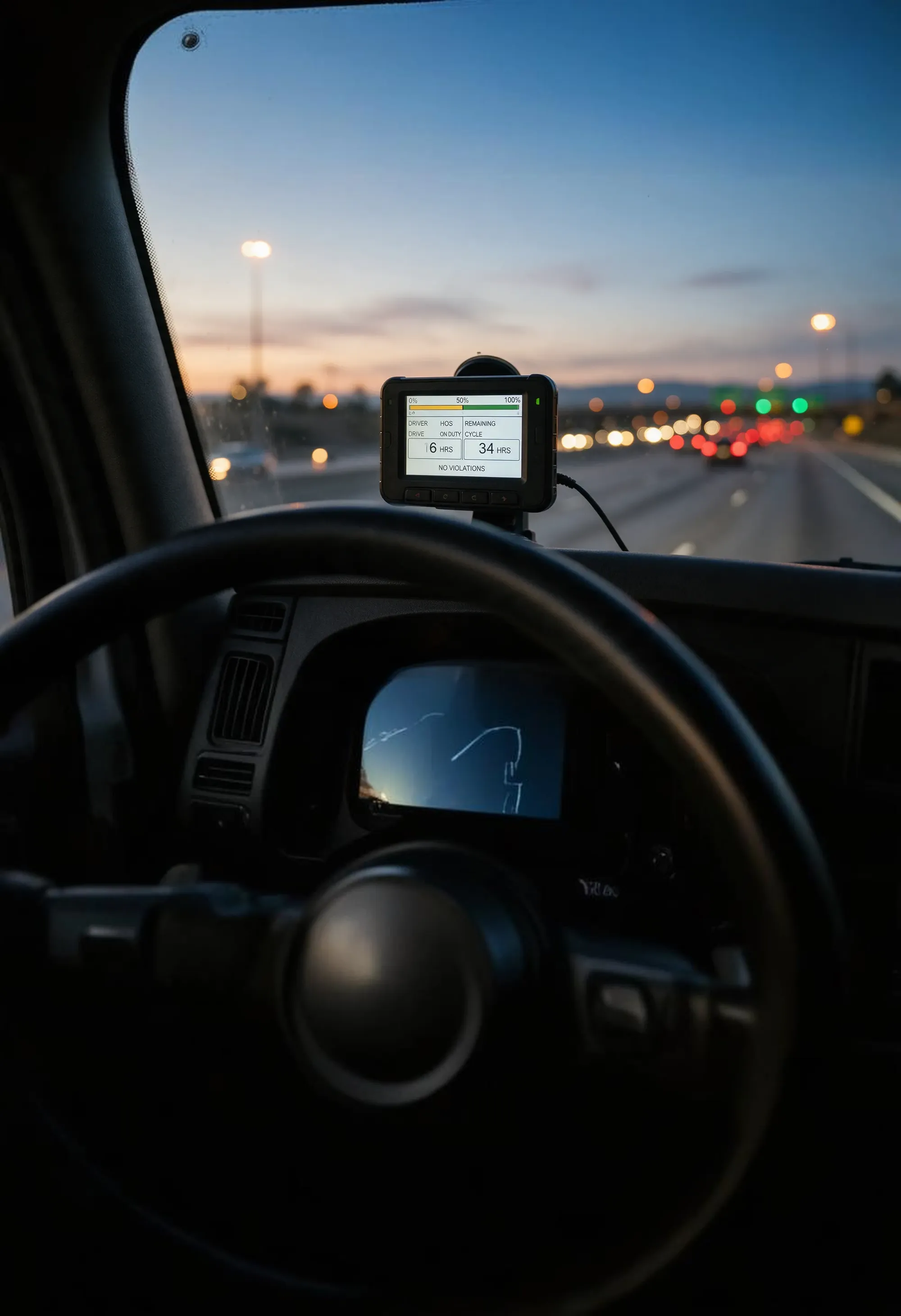 An electronic logging device on a truck dashboard showing a driver hours screen