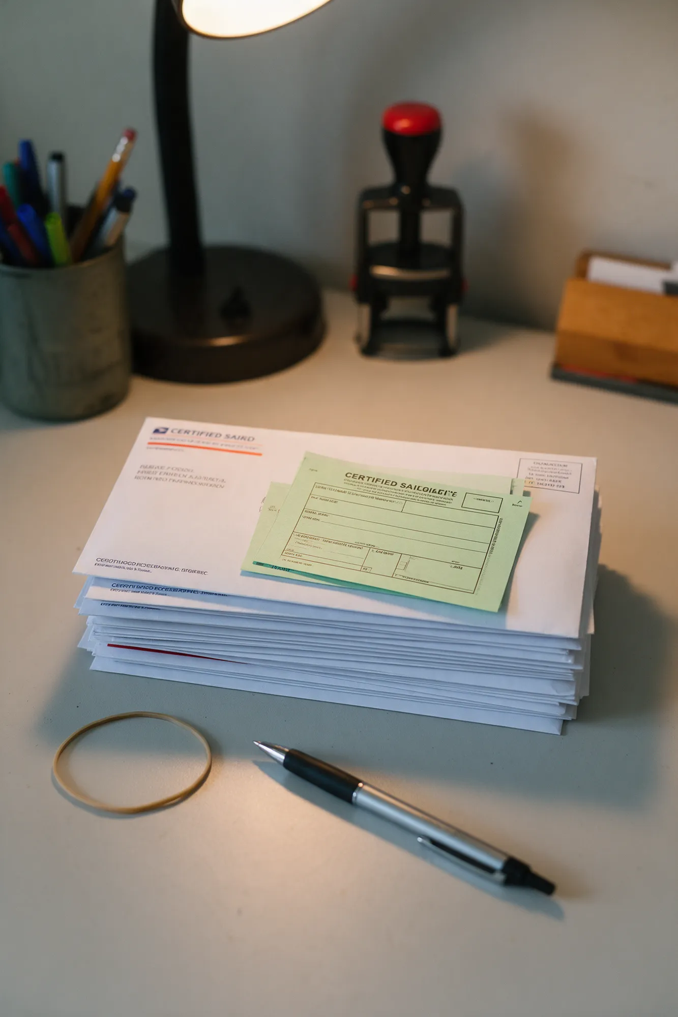 A stack of certified-mail envelopes with return-receipt cards on a desk
