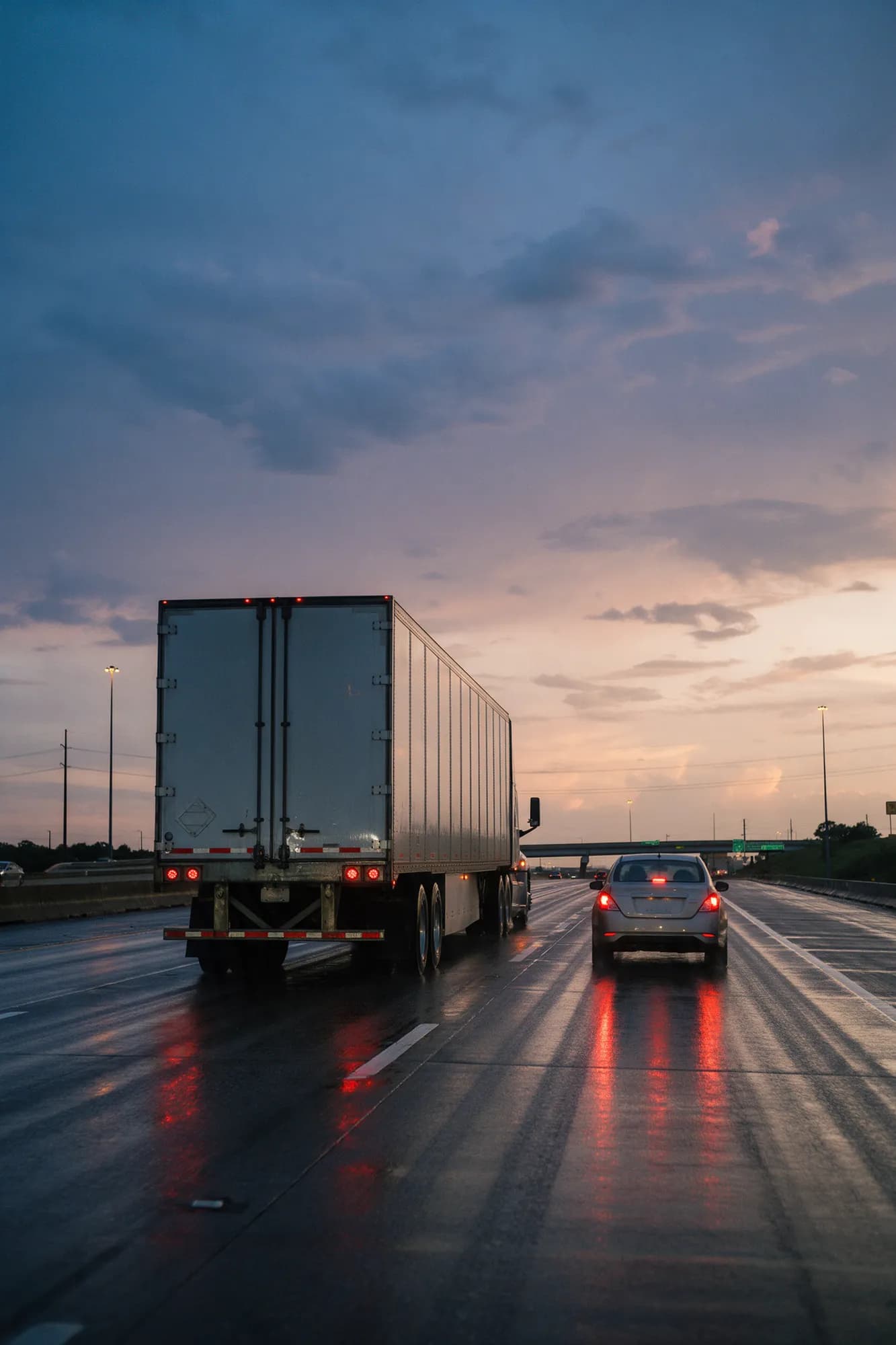 An 18-wheeler beside a small car on a Houston freeway at dusk
