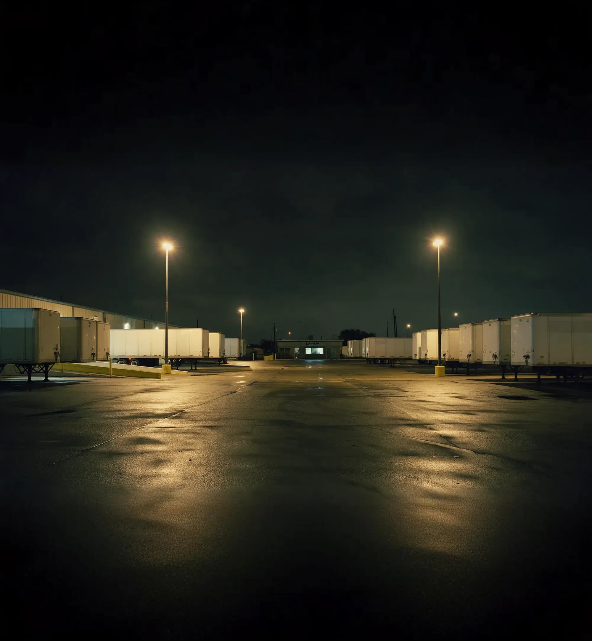 A trucking company yard at night with rows of parked trailers