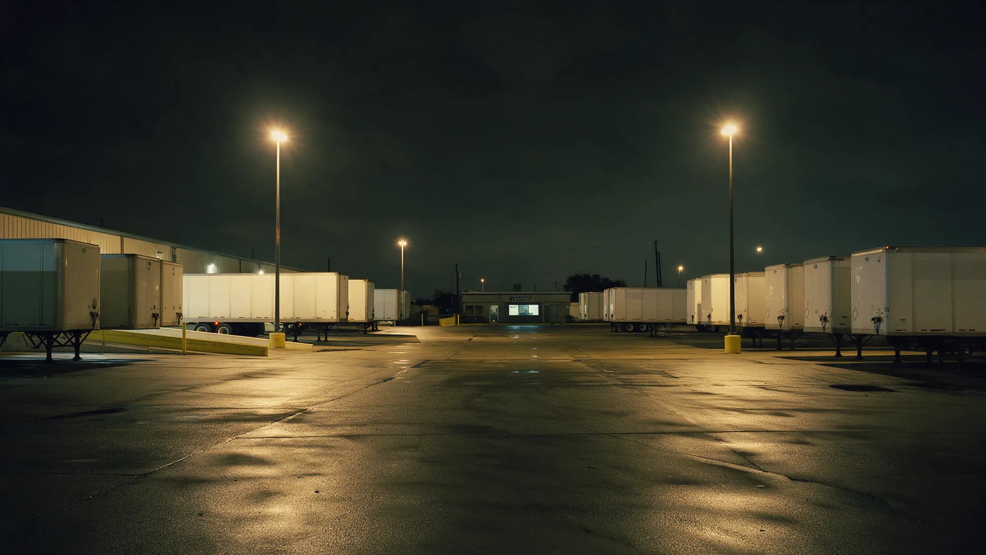 A trucking company yard at night with rows of parked trailers