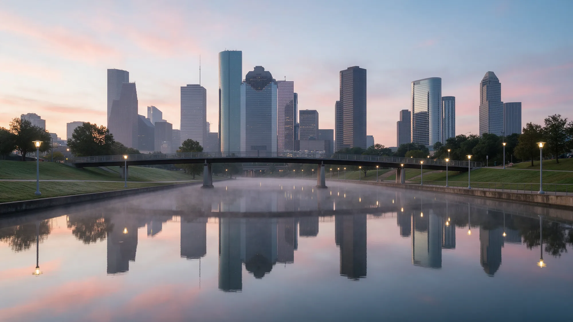 Buffalo Bayou at first light with the downtown Houston skyline reflected in still water