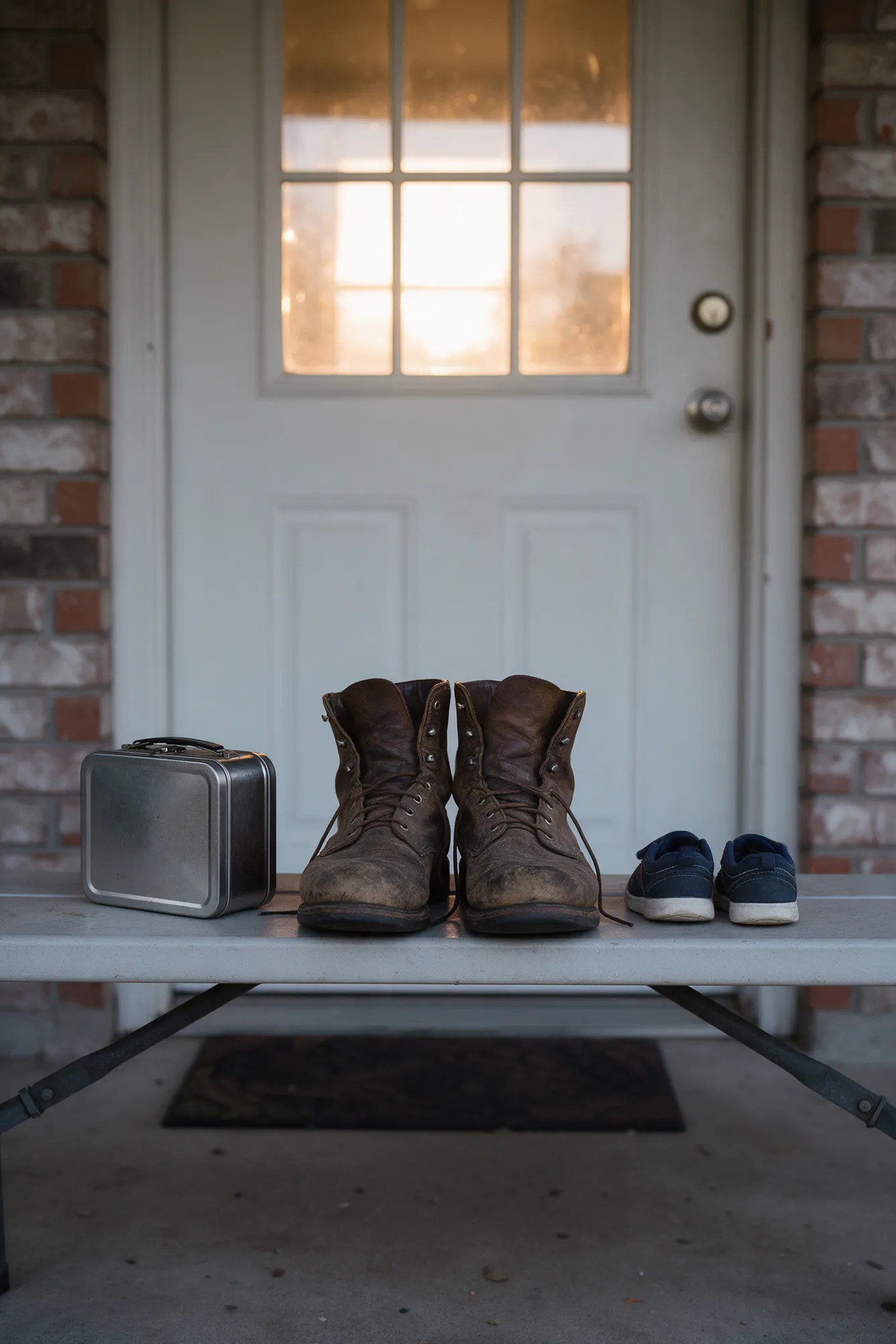Work boots, a lunchbox and a child's sneakers by a back door at dawn