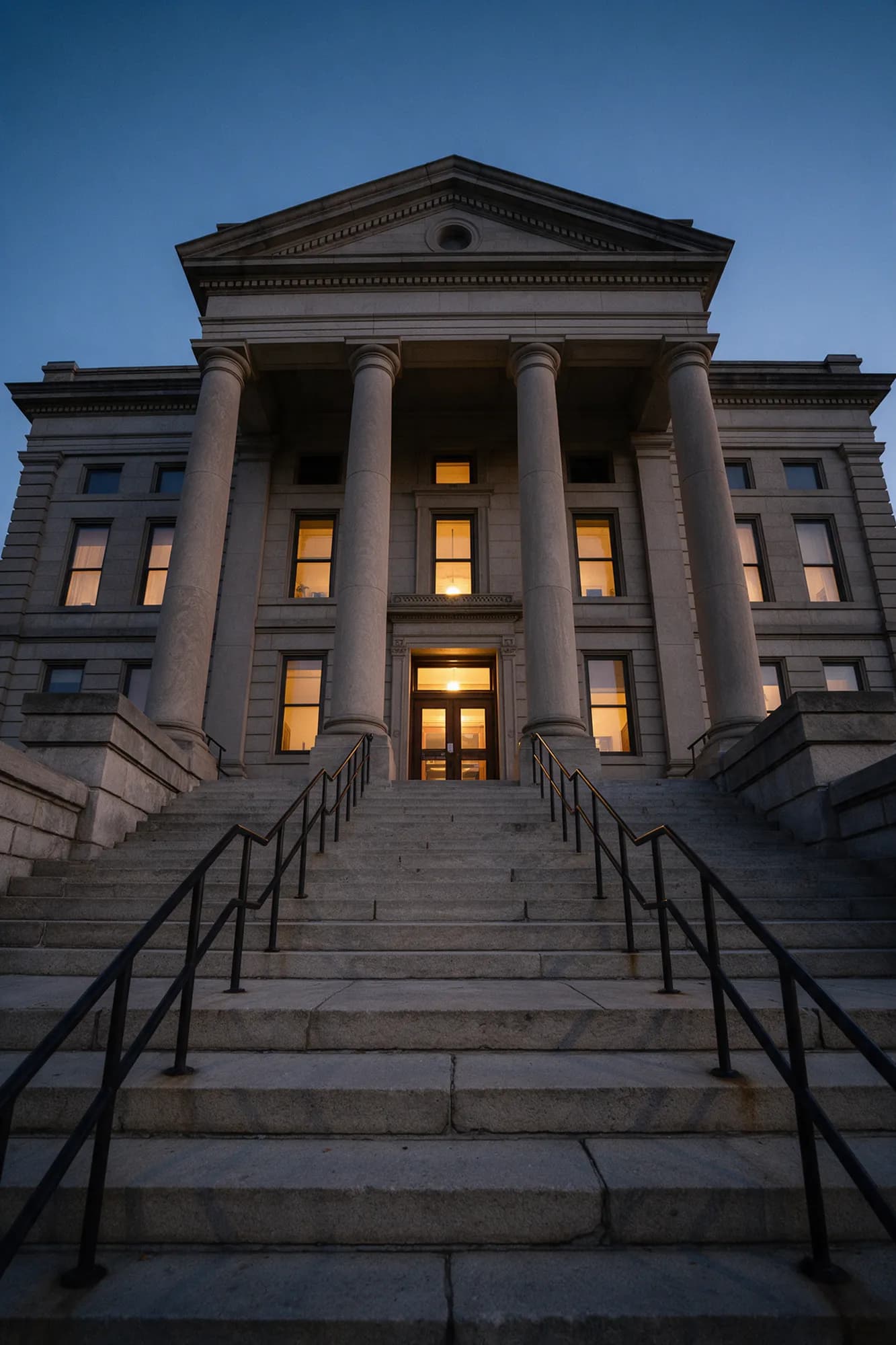 The steps and columns of a courthouse at dusk
