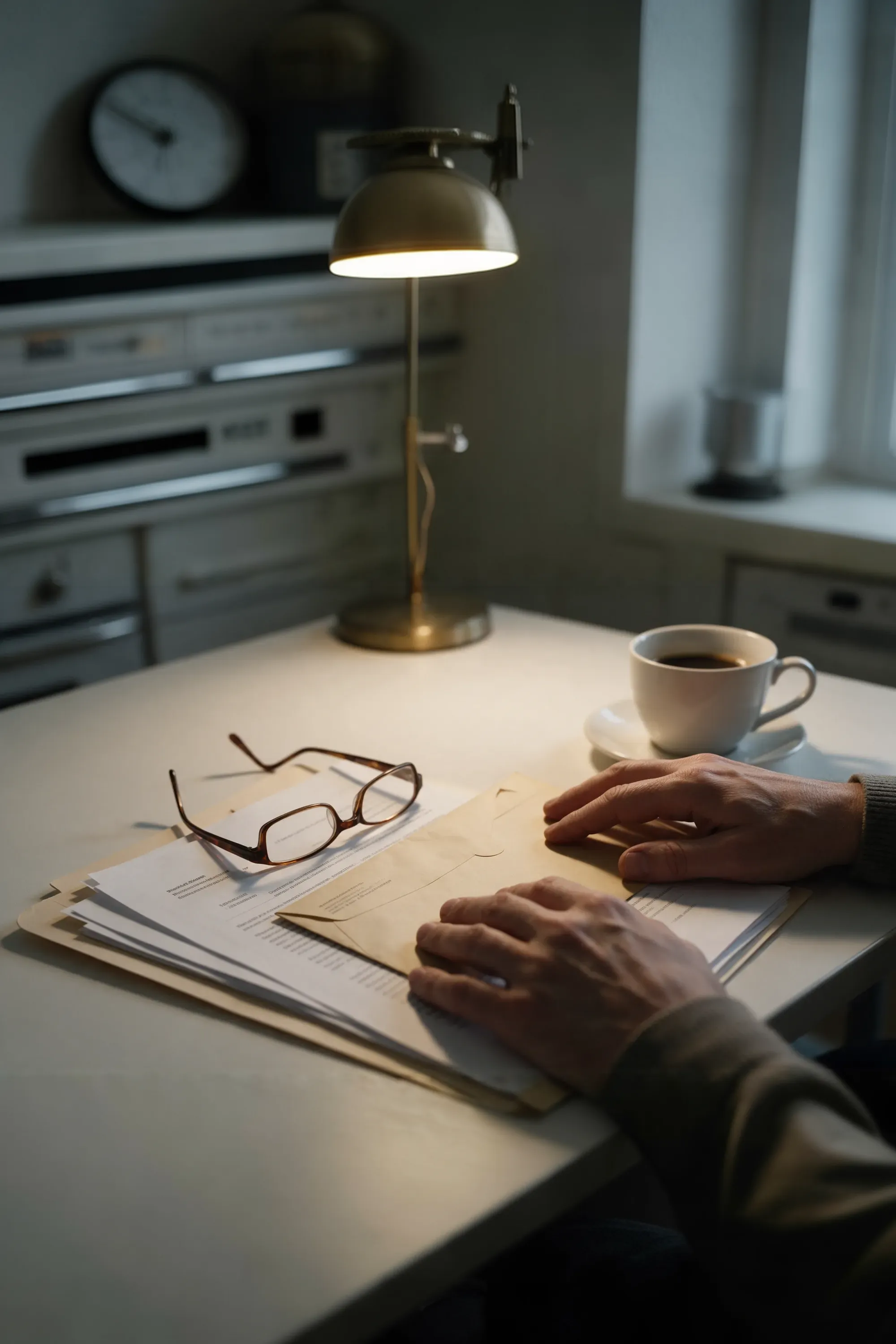 Two hands resting on a folder of papers and a sealed envelope on a kitchen table at evening