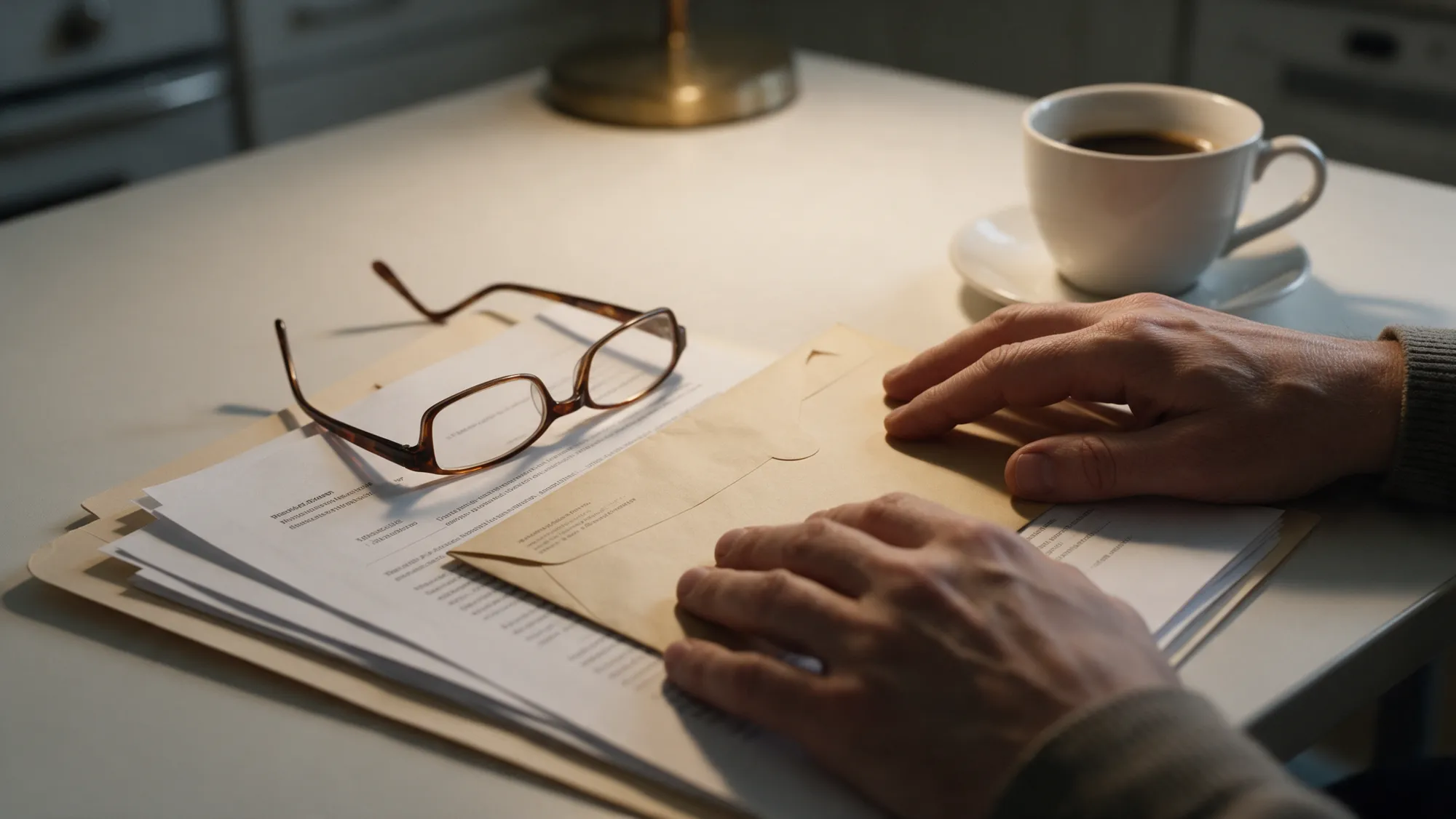Two hands resting on a folder of papers and a sealed envelope on a kitchen table at evening